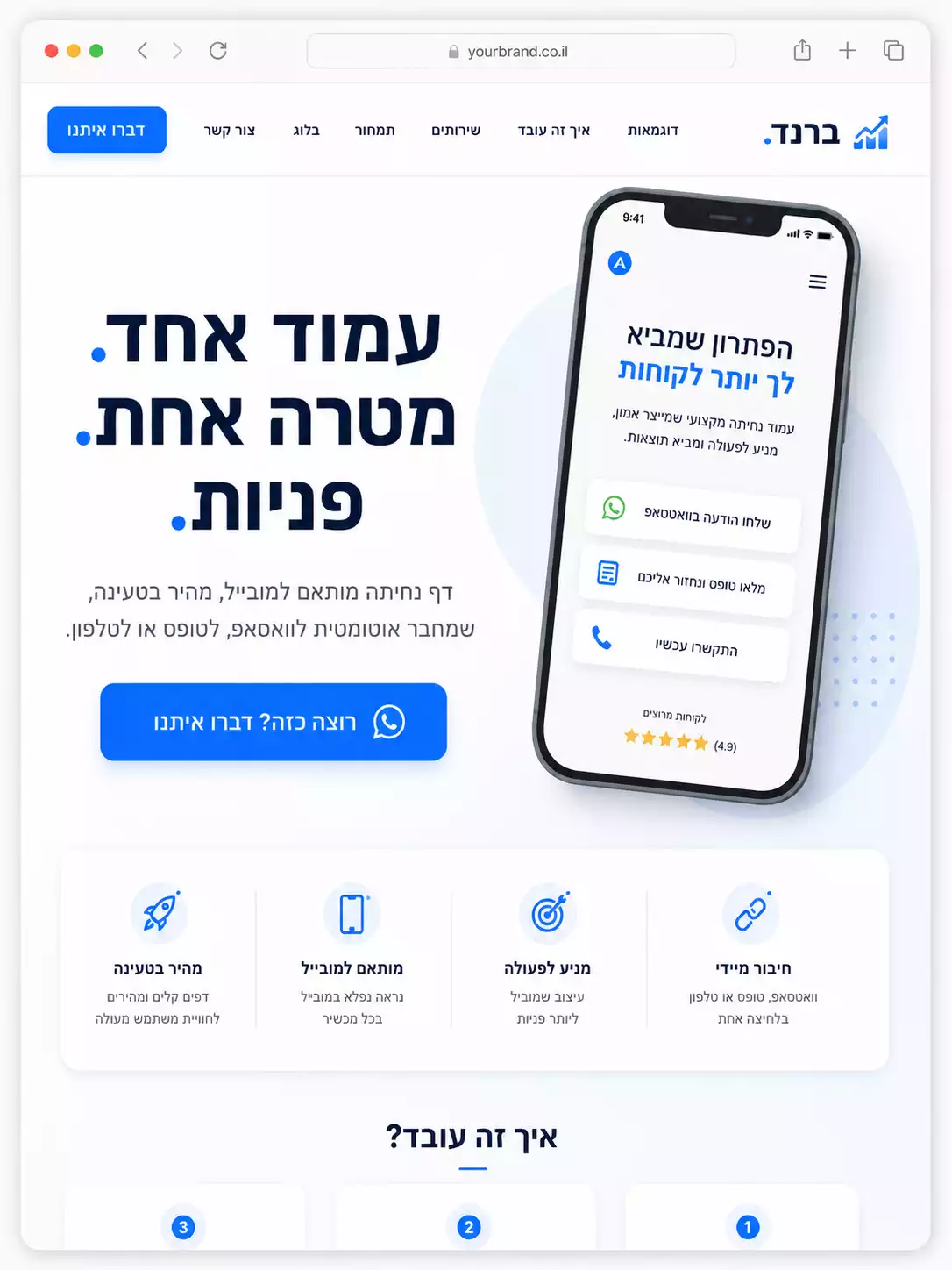 הדמיה של דף נחיתה עם כותרת, כפתור פעולה ותצוגת מובייל